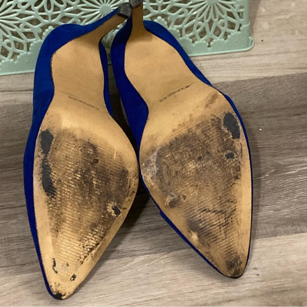 🌸 Sz 8 Express Royal Blue Faux Suede Pointed Toe Stiletto Heels - Picture 5 of 7